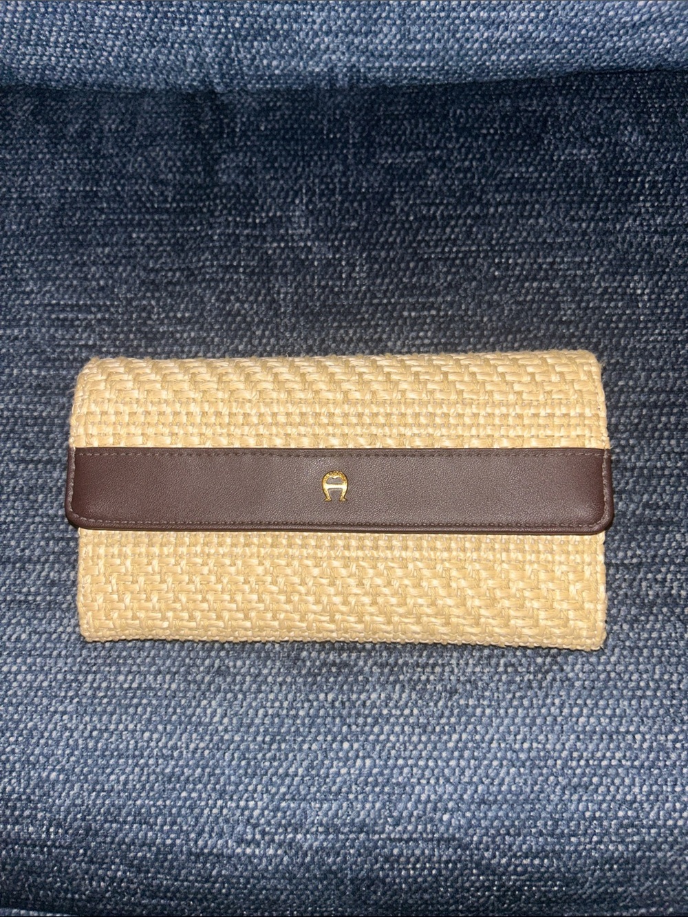 Woven Straw Clutch with Brown Leather Trim
